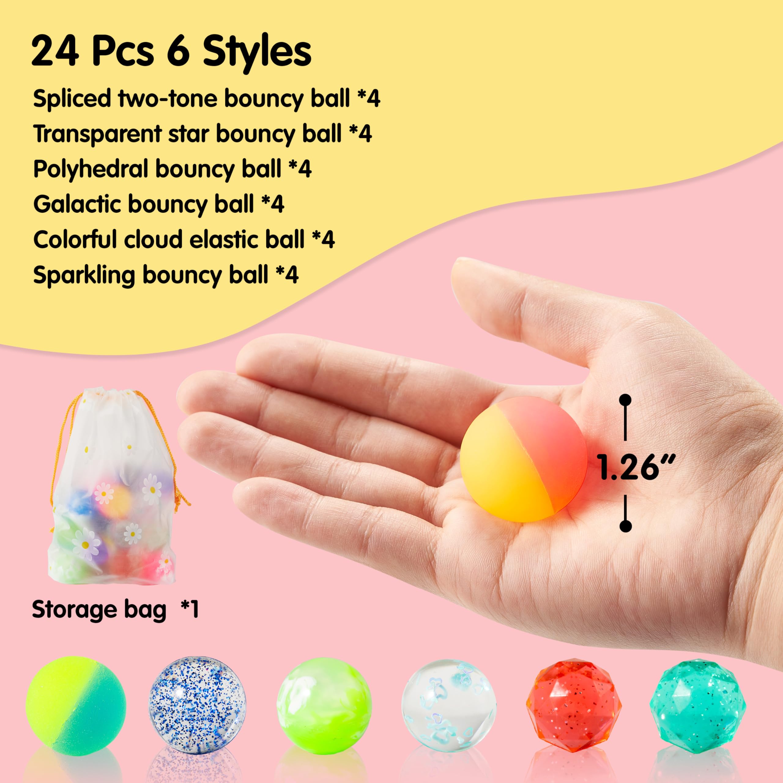 JOYIN 24-Pack Bouncy Balls - 6 Styles, 1.26 Inch Rubber Balls for Party Favors & Prizes