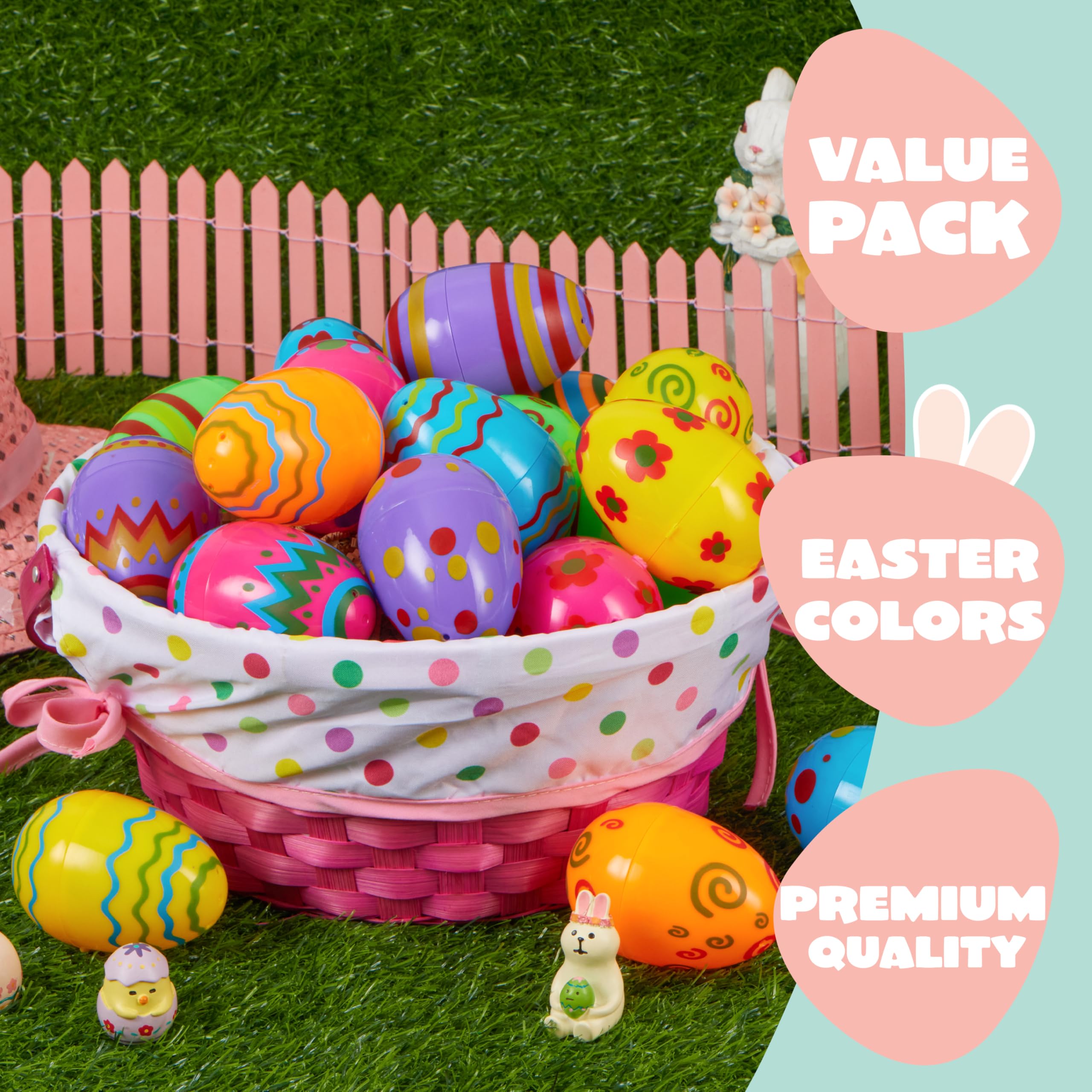 JOYIN 24-Pack Bright Plastic Easter Eggs – Fillable 3.15-Inch Printed Eggs for Hunts, Baskets, Classroom Prizes, and Party Favors