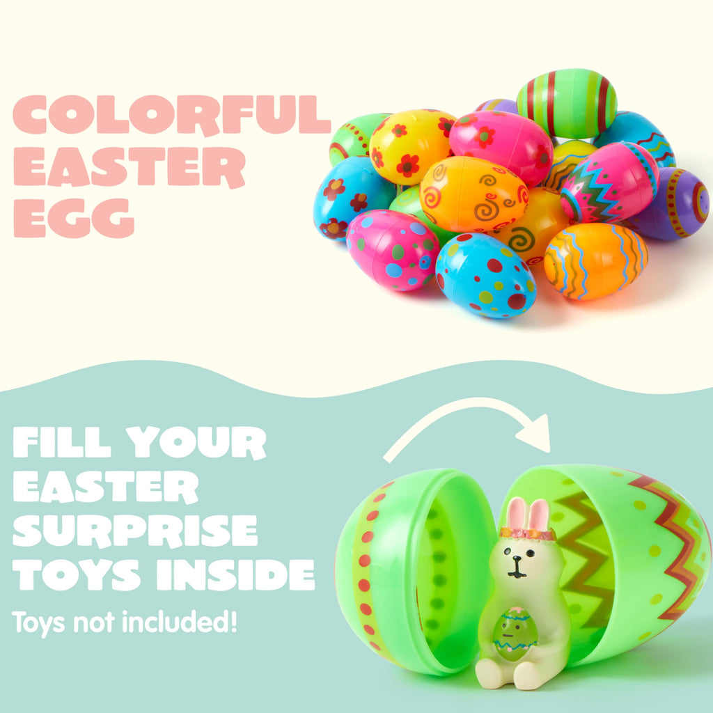 JOYIN 24-Pack Bright Plastic Easter Eggs – Fillable 3.15-Inch Printed Eggs for Hunts, Baskets, Classroom Prizes, and Party Favors