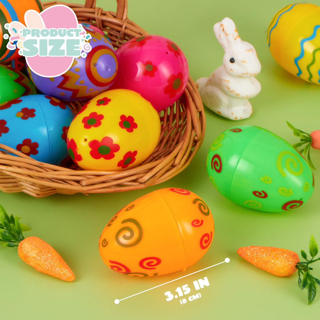 JOYIN 24-Pack Bright Plastic Easter Eggs – Fillable 3.15-Inch Printed Eggs for Hunts, Baskets, Classroom Prizes, and Party Favors