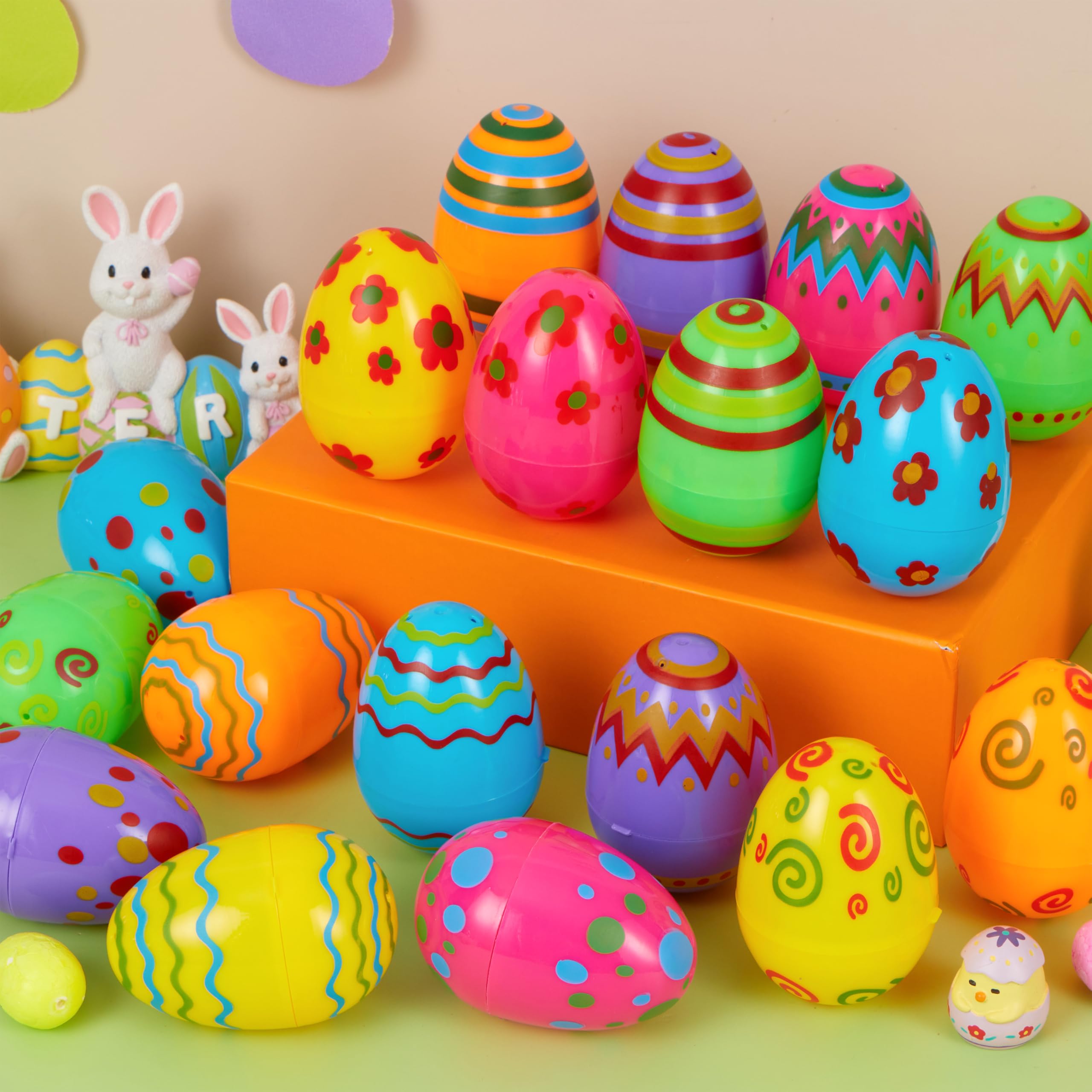 JOYIN 24-Pack Bright Plastic Easter Eggs – Fillable 3.15-Inch Printed Eggs for Hunts, Baskets, Classroom Prizes, and Party Favors