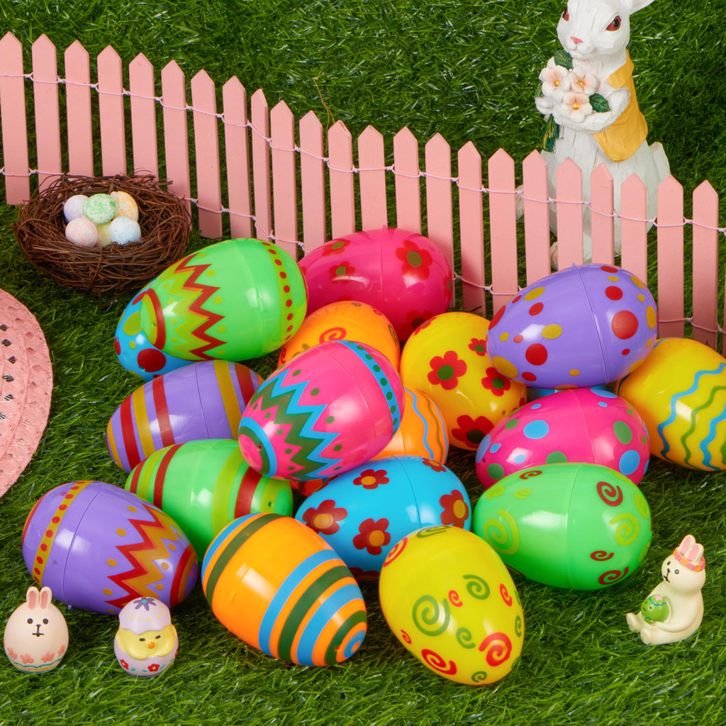 JOYIN 24-Pack Bright Plastic Easter Eggs – Fillable 3.15-Inch Printed Eggs for Hunts, Baskets, Classroom Prizes, and Party Favors