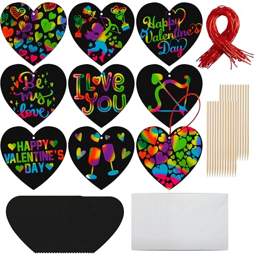 JOYIN 24 Pack Valentine Scratch Heart Cards with Envelopes – Fun DIY Craft for Kids Classroom Exchange