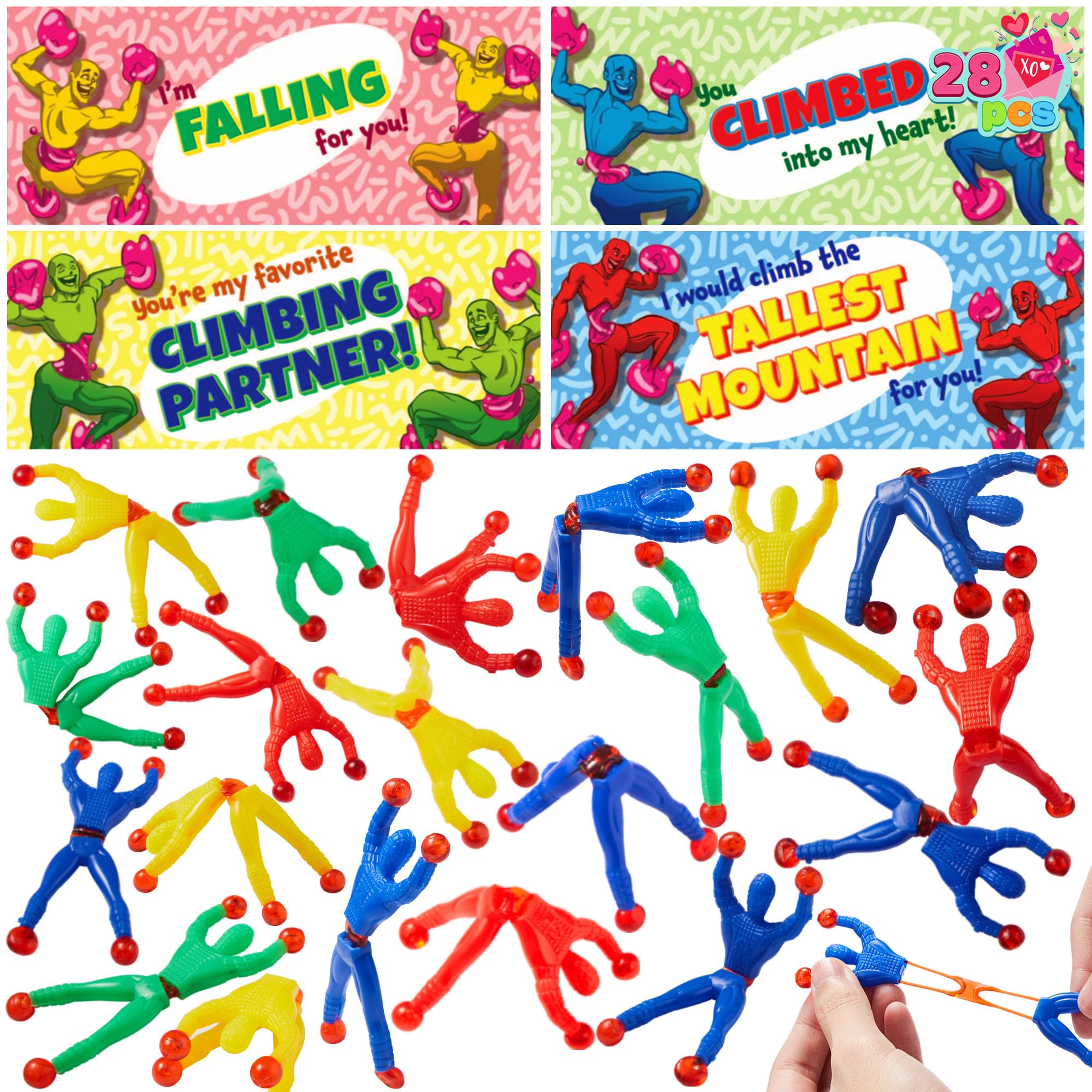 JOYIN 28 PCS Valentine's Day Sticky Wall Climbing Men with Cards, Party Favors for Kids, Classroom Exchange Prizes