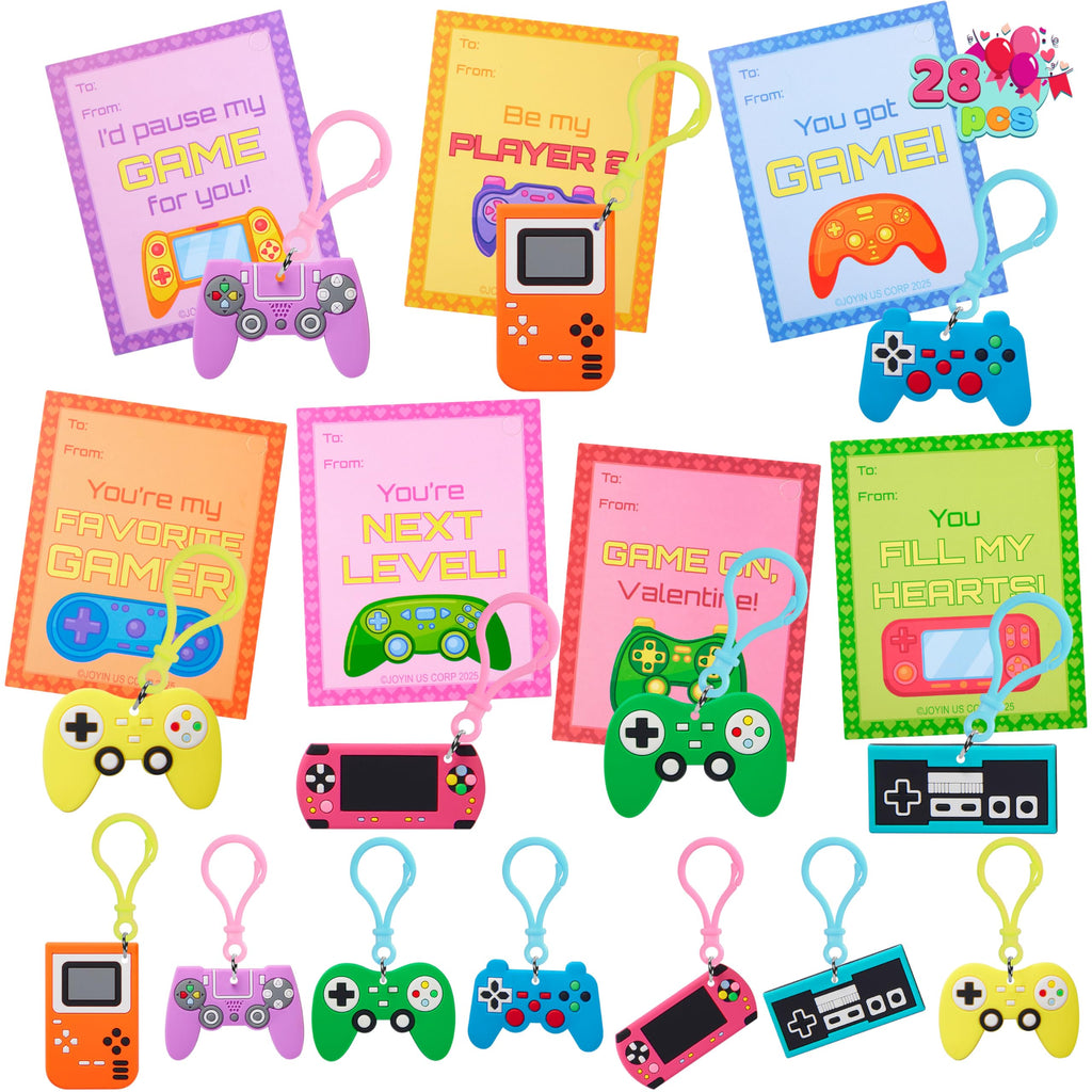 JOYIN 28-Piece Valentine's Day Gift Cards Set with Video Game Keychains – 7 Designs, Multi-Colored, Classroom Exchange Prizes