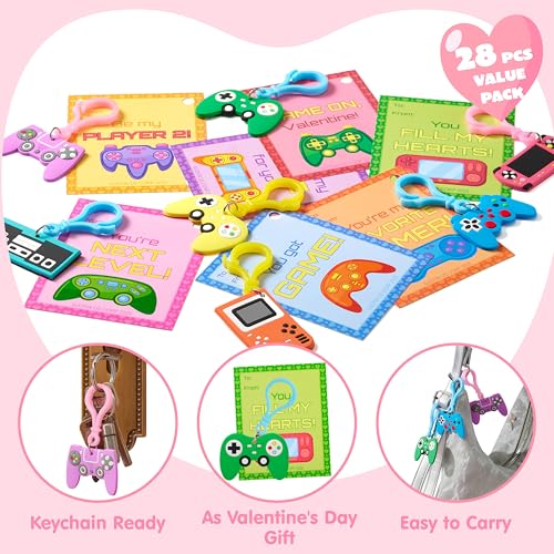 JOYIN 28-Piece Valentine's Day Gift Cards Set with Video Game Keychains – 7 Designs, Multi-Colored, Classroom Exchange Prizes