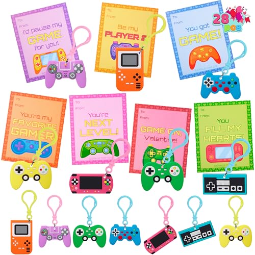 JOYIN 28-Piece Valentine's Day Gift Cards Set with Video Game Keychains – 7 Designs, Multi-Colored, Classroom Exchange Prizes