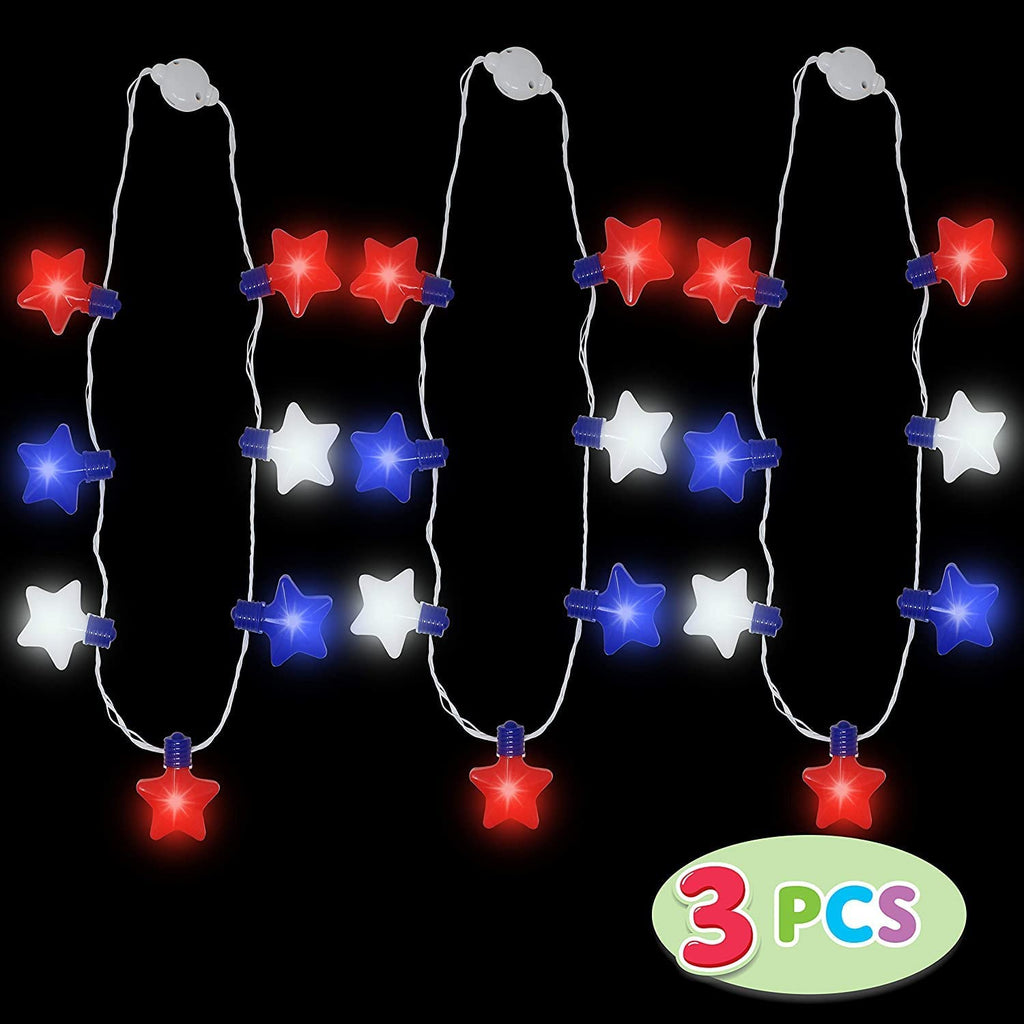 JOYIN 3-Pack LED Star Necklaces for 4th of July - Patriotic Red White Blue Light-Up Accessories with 6 Flicker Modes