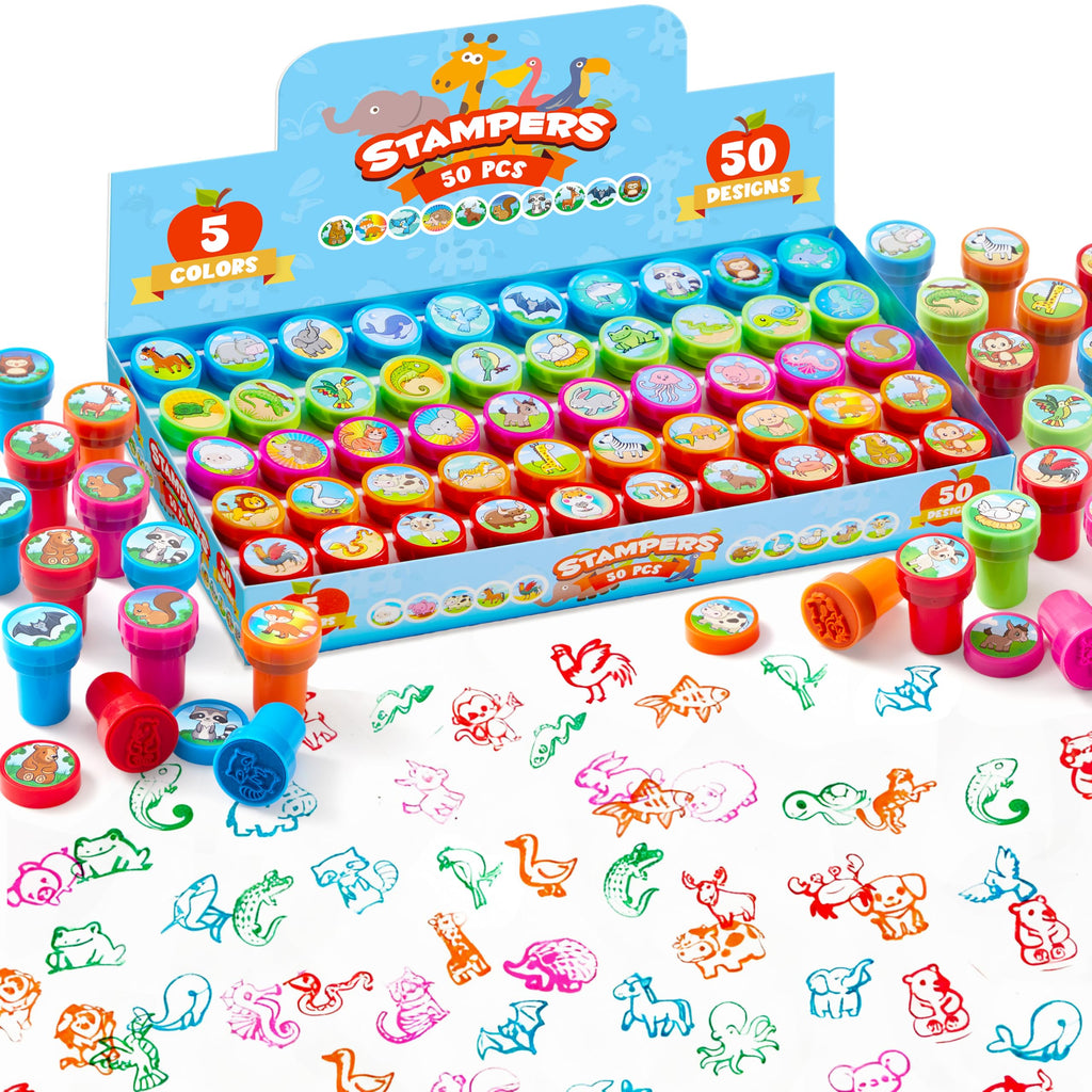 JOYIN 50 Animal Stamps for Kids - Farm, Sea, Pets, African & Forest Designs in Portable Case