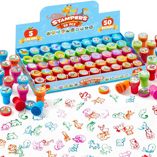 JOYIN 50 Animal Stamps for Kids - Farm, Sea, Pets, African & Forest Designs in Portable Case