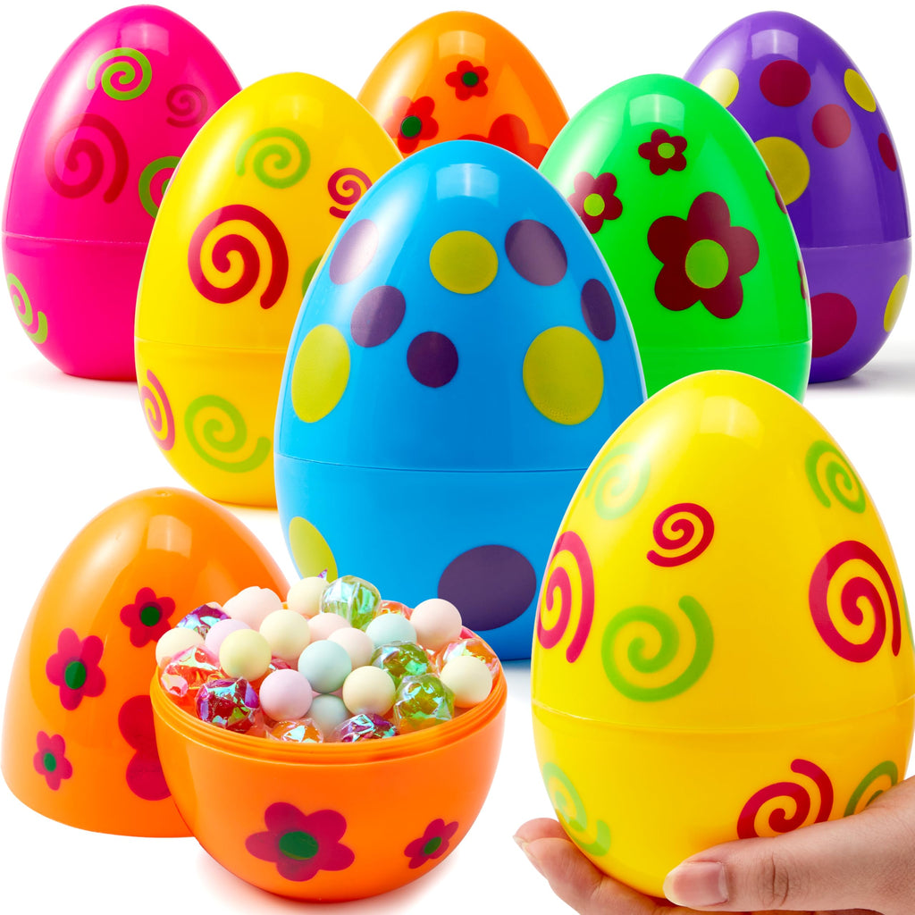 JOYIN 6-Pack Jumbo Printed Easter Eggs (6 Inches) Fillable Plastic Eggs for Hunts, Basket Stuffers, and Party Favors