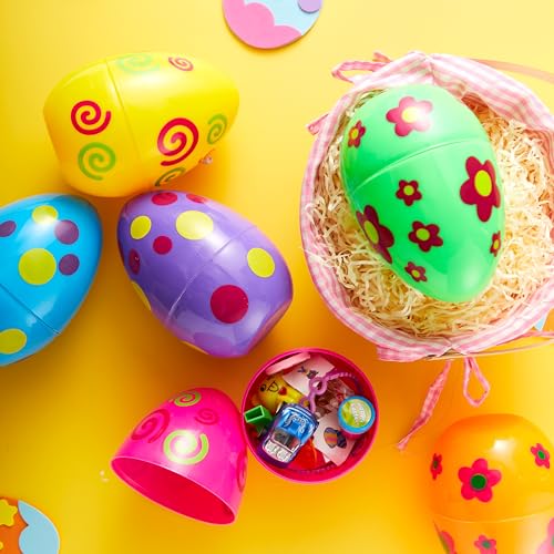 JOYIN 6-Pack Jumbo Printed Easter Eggs (6 Inches) Fillable Plastic Eggs for Hunts, Basket Stuffers, and Party Favors