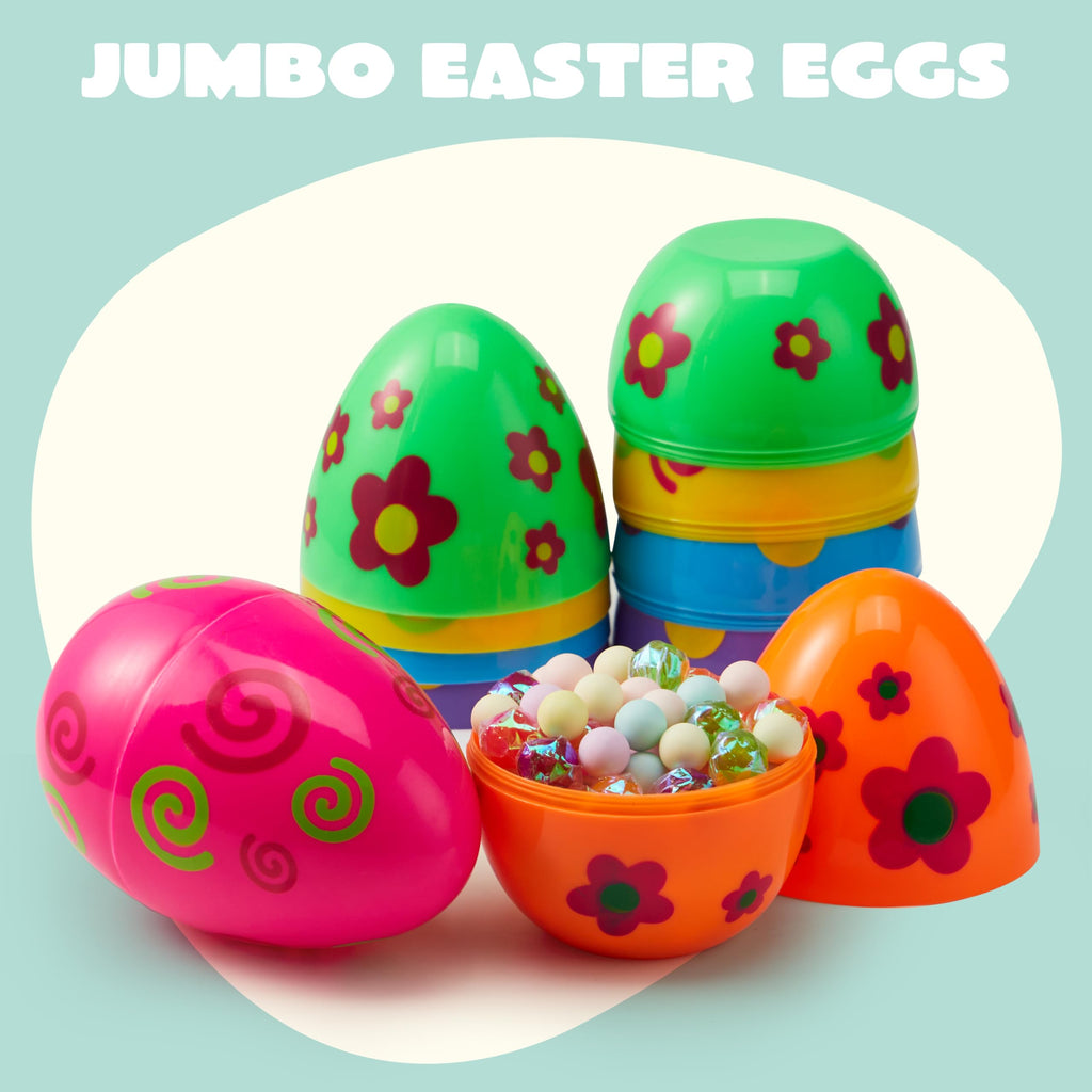 JOYIN 6-Pack Jumbo Printed Easter Eggs (6 Inches) Fillable Plastic Eggs for Hunts, Basket Stuffers, and Party Favors