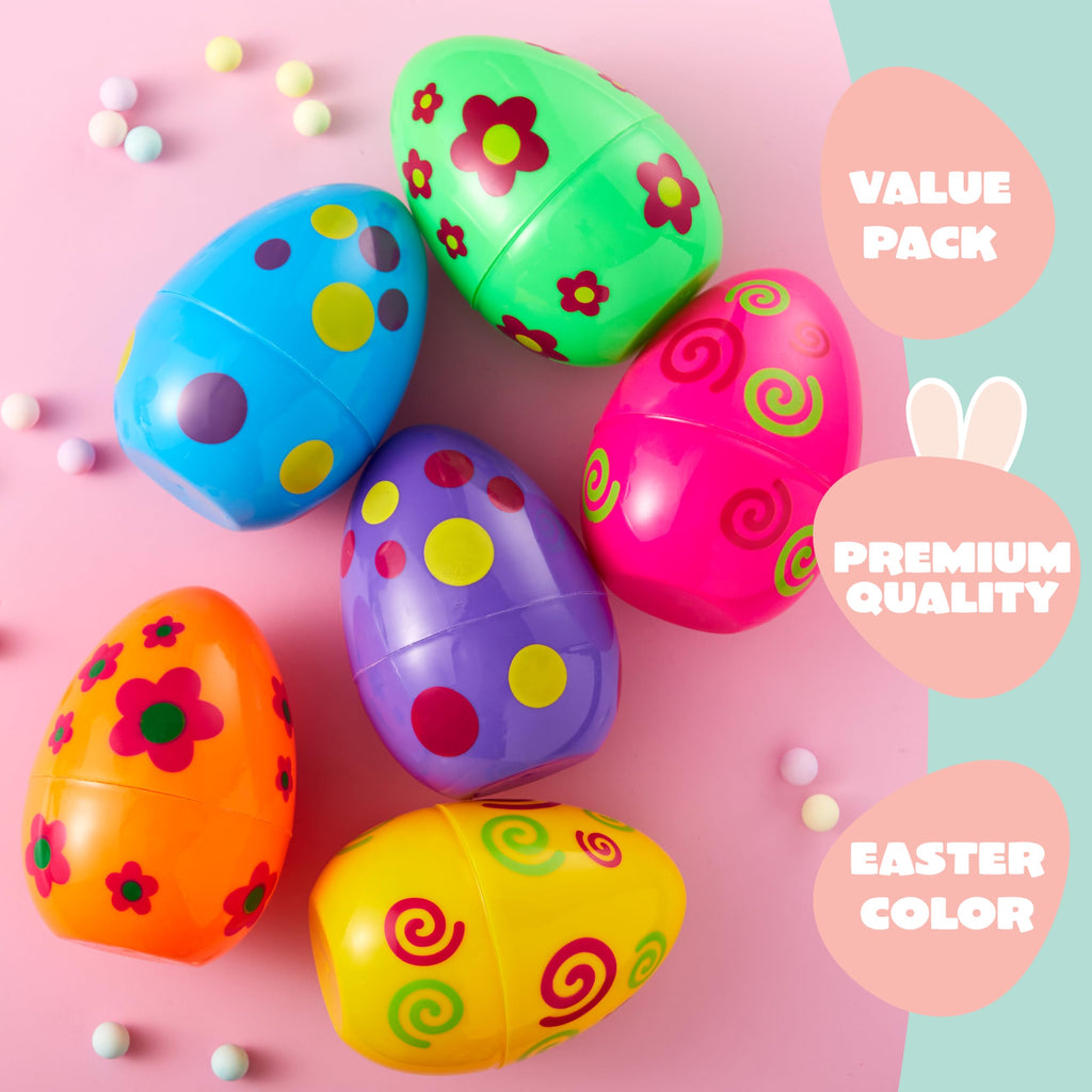 JOYIN 6-Pack Jumbo Printed Easter Eggs (6 Inches) Fillable Plastic Eggs for Hunts, Basket Stuffers, and Party Favors