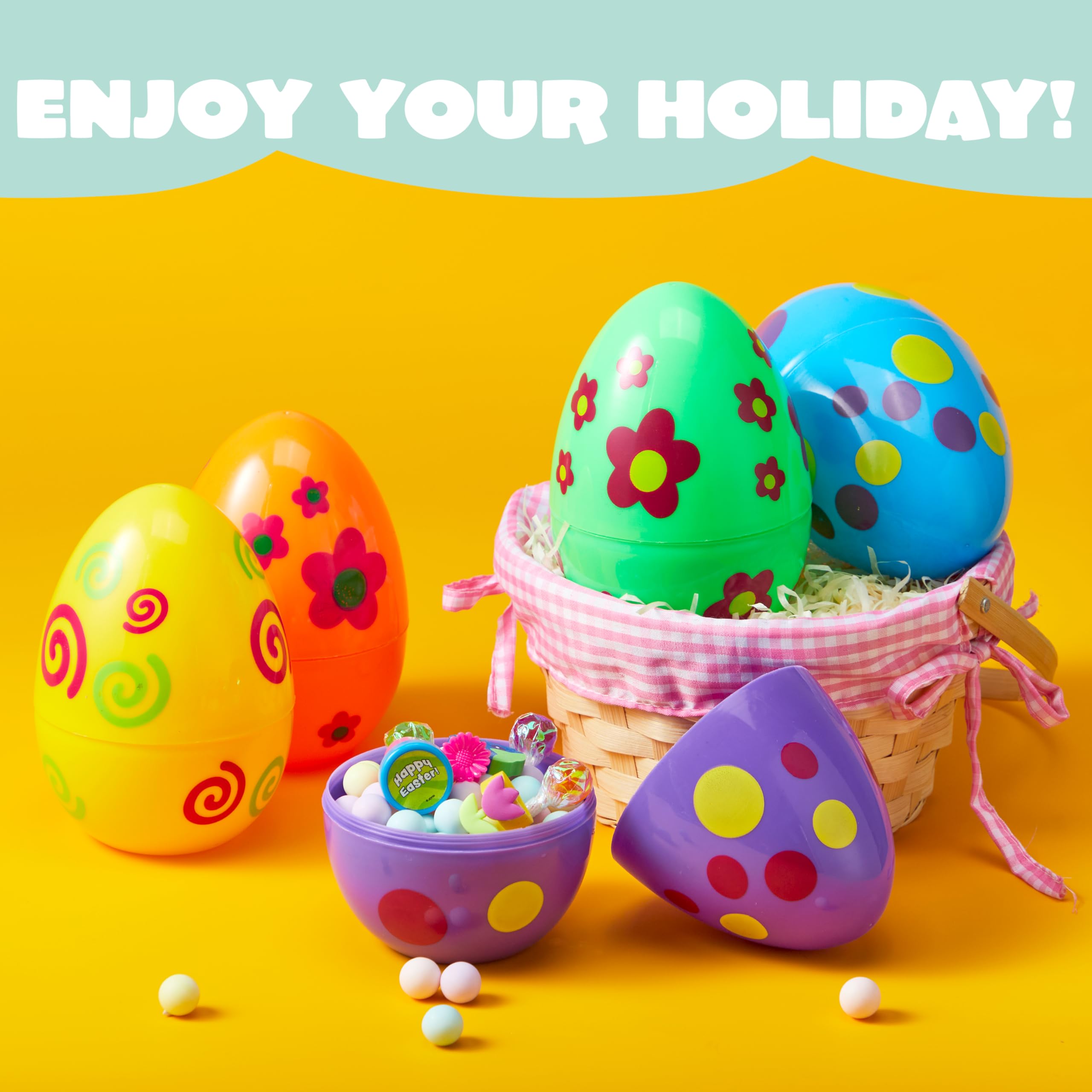 JOYIN 6-Pack Jumbo Printed Easter Eggs (6 Inches) Fillable Plastic Eggs for Hunts, Basket Stuffers, and Party Favors