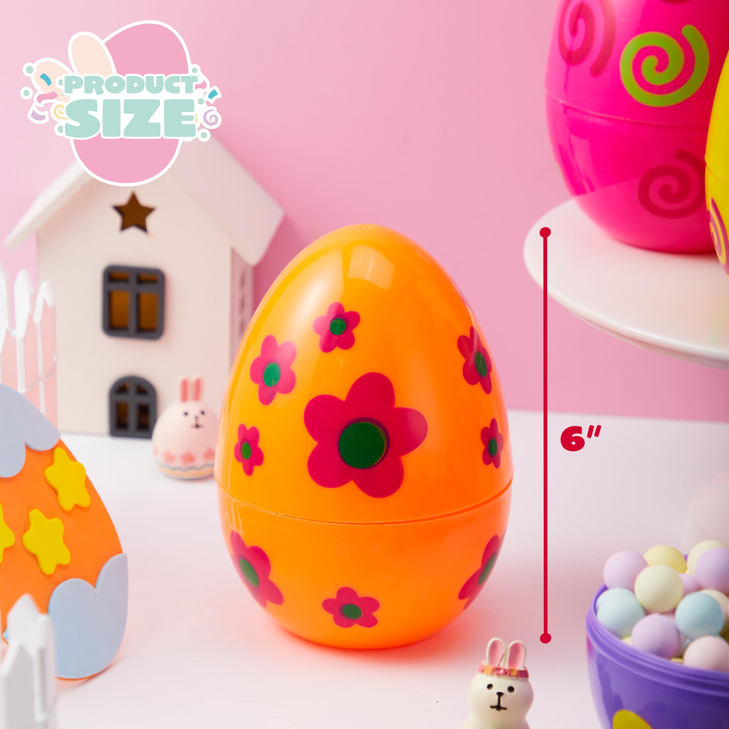 JOYIN 6-Pack Jumbo Printed Easter Eggs (6 Inches) Fillable Plastic Eggs for Hunts, Basket Stuffers, and Party Favors