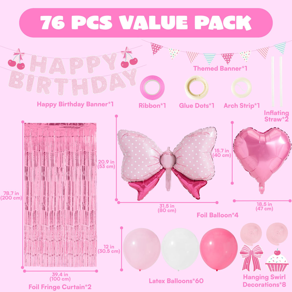 JOYIN 76-Piece Pink Birthday Party Decorations Set – Banner, Foil & Latex Balloons, Swirls, Tinsel Curtains for Girls Women Kids