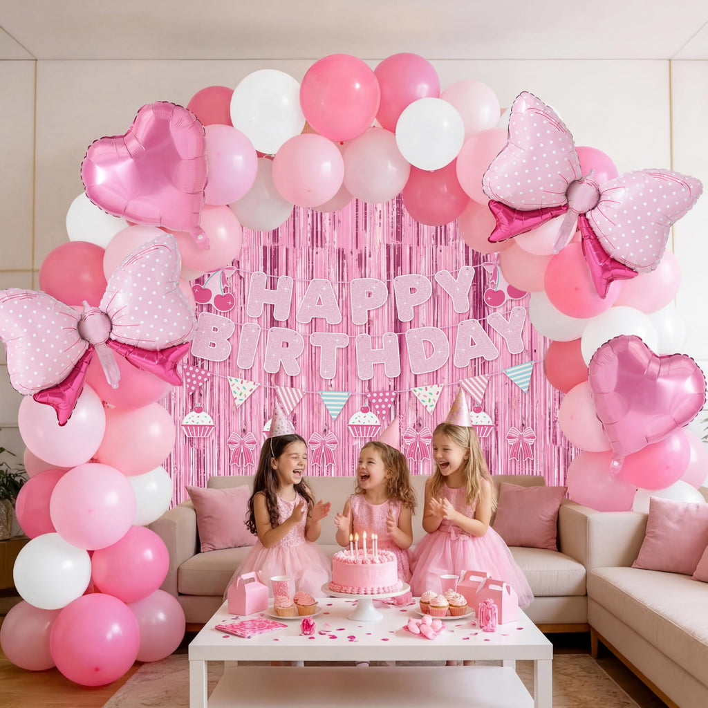 JOYIN 76-Piece Pink Birthday Party Decorations Set – Banner, Foil & Latex Balloons, Swirls, Tinsel Curtains for Girls Women Kids