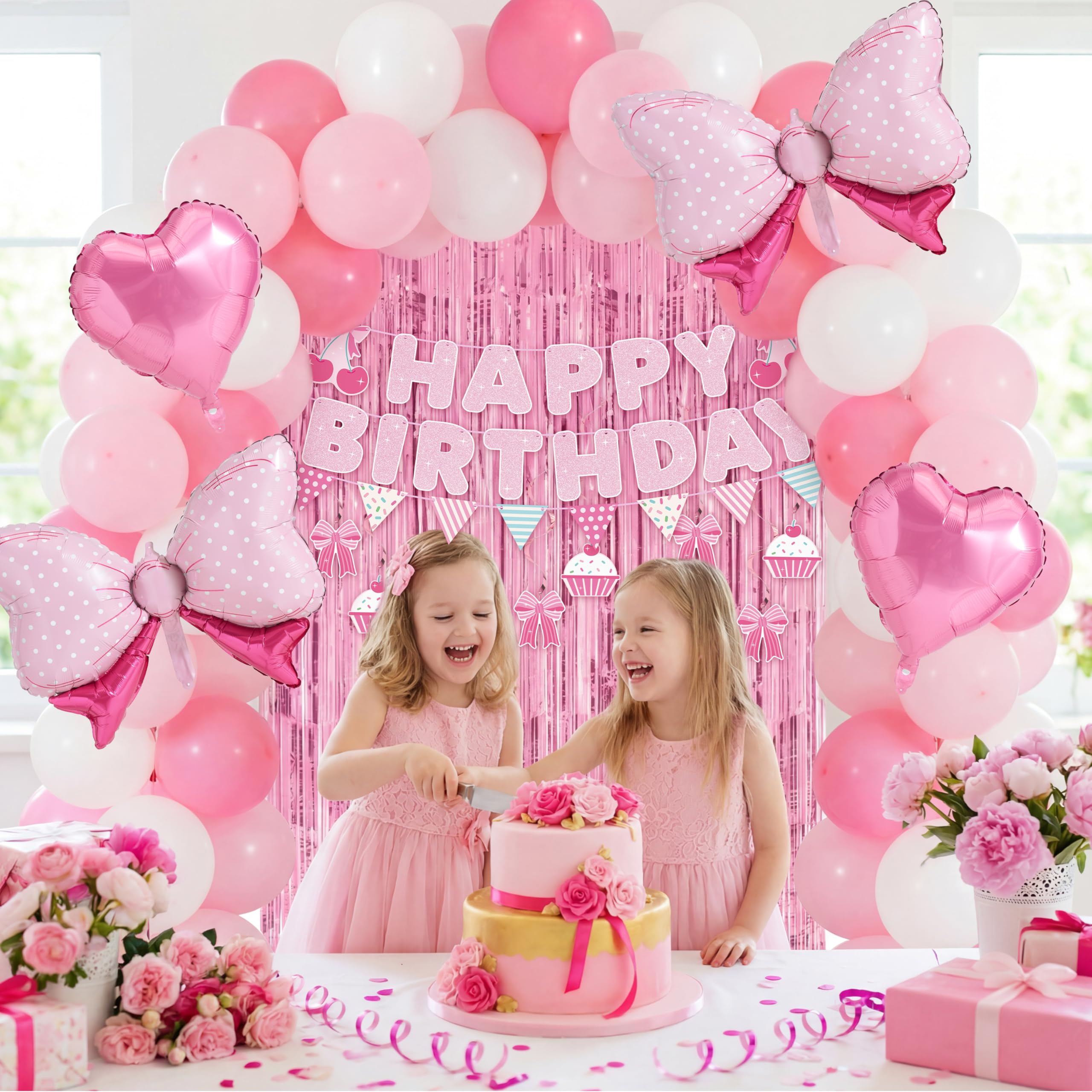 JOYIN 76-Piece Pink Birthday Party Decorations Set – Banner, Foil & Latex Balloons, Swirls, Tinsel Curtains for Girls Women Kids