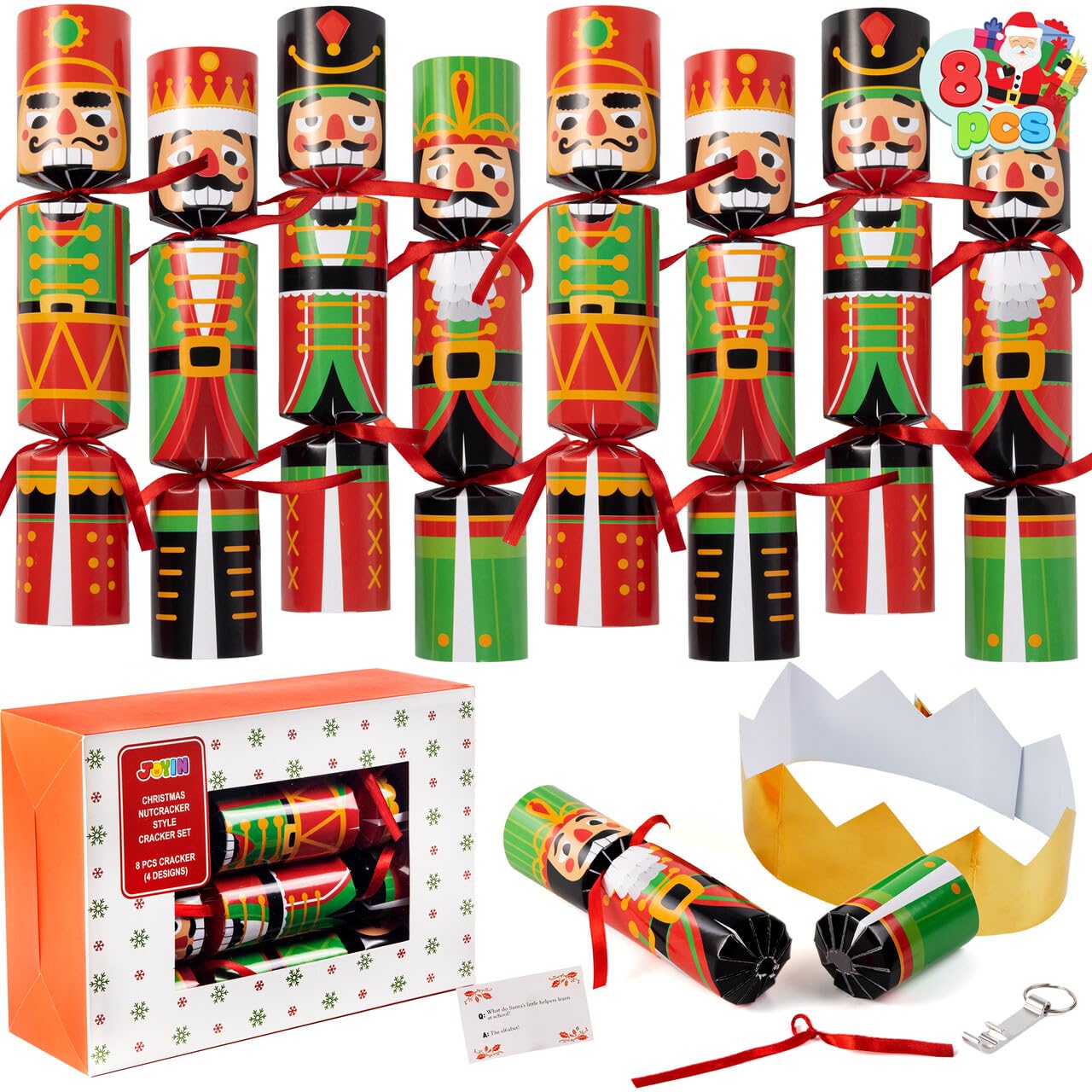 JOYIN 8-Piece Christmas No-Snap Party Favor Set – Nutcracker Style with Hats, Jokes, and Surprise Toys