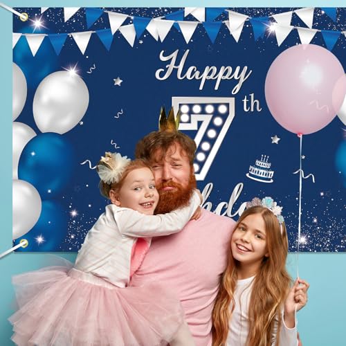 JOYKY Blue Silver Happy 7th Birthday Banner for Boys – 5.9 x 3.8 ft Polyester Decor with Copper Grommets