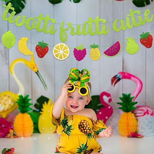 Joymee Twotti Fruit Party Banner Set - Green Glitter 2nd Birthday Decorations with Fruit Garland
