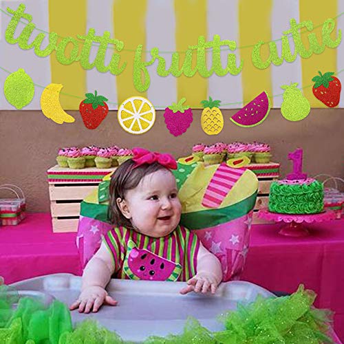 Joymee Twotti Fruit Party Banner Set - Green Glitter 2nd Birthday Decorations with Fruit Garland