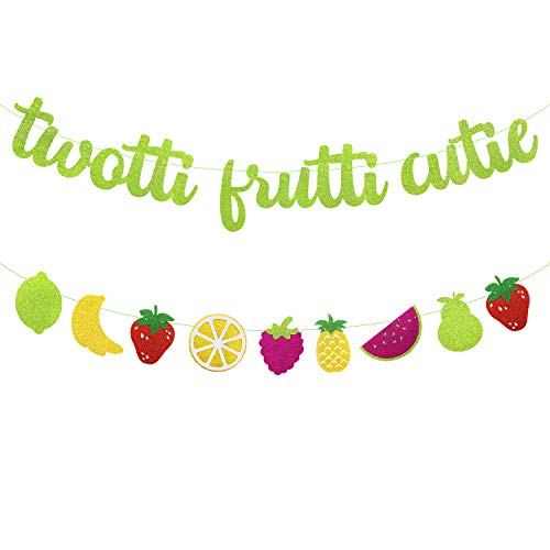 Joymee Twotti Fruit Party Banner Set - Green Glitter 2nd Birthday Decorations with Fruit Garland