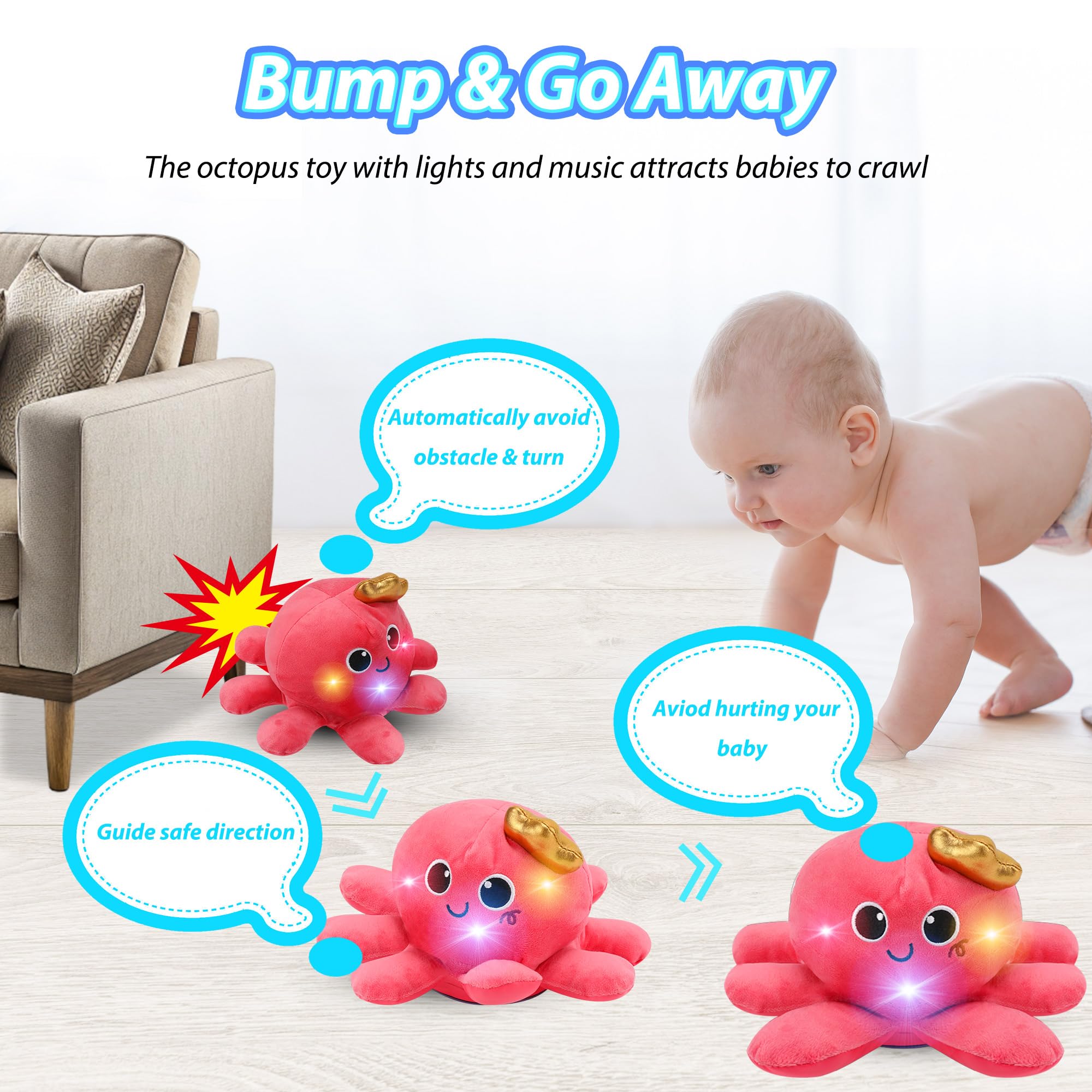 JoyyiKinddy Musical Octopus Baby Toy - Crawling, Rotating, Recording, Light-Up, Voice Control, for 2-6 Year Olds - Tummy Time Sensory Plush