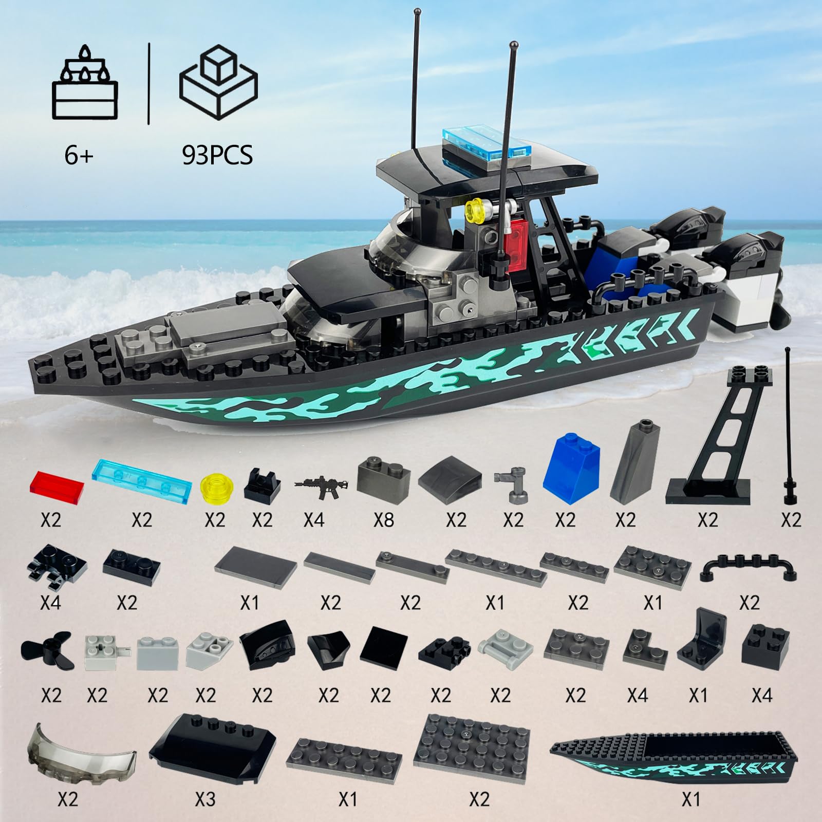 JQARCH City Police Speed Boat Building Blocks Set – 93-Piece Rescue & Patrol Boat Toy Compatible with Lego