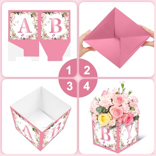 Jremreo 6-Pack Pink Floral Baby Shower Centerpiece Boxes with 'BABY' Letters – 7x7x7 Inch Cardboard Decor for Girl Baby Showers and Gender Reveal Parties