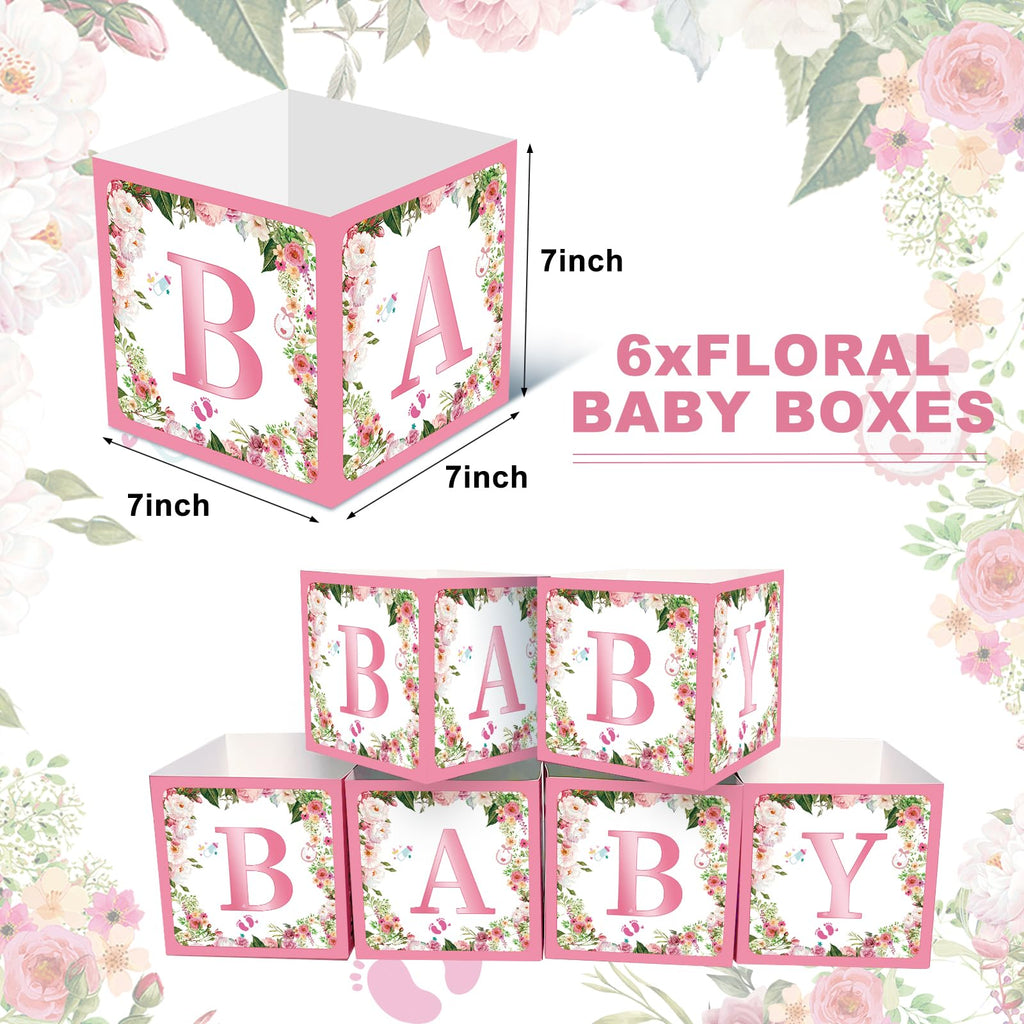 Jremreo 6-Pack Pink Floral Baby Shower Centerpiece Boxes with 'BABY' Letters – 7x7x7 Inch Cardboard Decor for Girl Baby Showers and Gender Reveal Parties