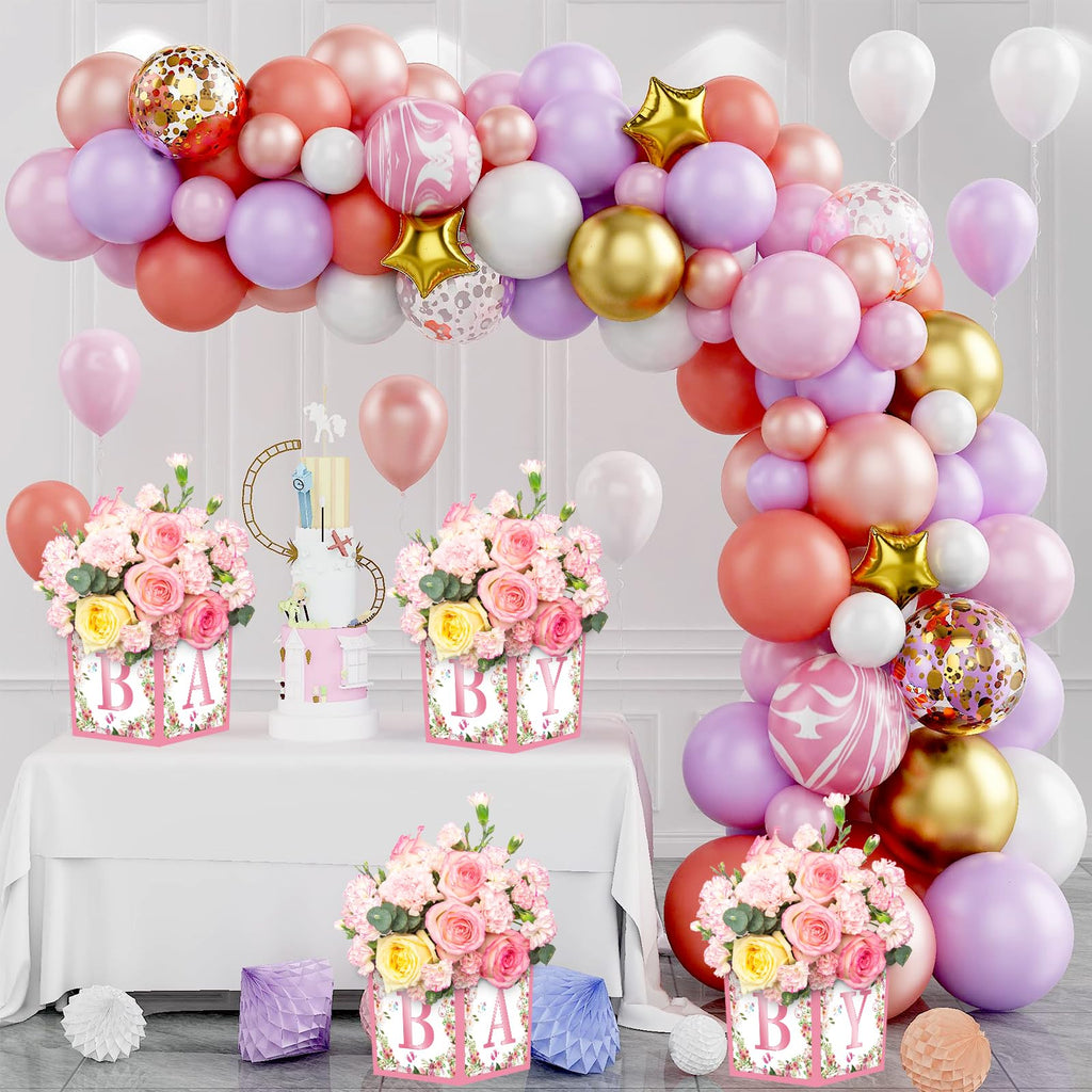 Jremreo 6-Pack Pink Floral Baby Shower Centerpiece Boxes with 'BABY' Letters – 7x7x7 Inch Cardboard Decor for Girl Baby Showers and Gender Reveal Parties