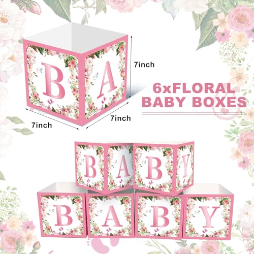 Jremreo 6-Pack Pink Floral Baby Shower Centerpiece Boxes with 'BABY' Letters – 7x7x7 Inch Cardboard Decor for Girl Baby Showers and Gender Reveal Parties
