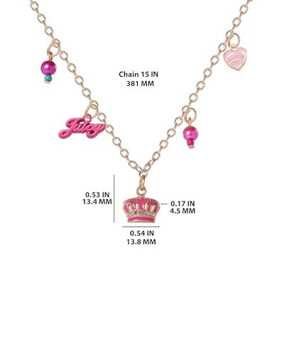 Juicy Couture Charm and Beaded Necklace for Girls – Adjustable 15-Inch Gold-Tone Chain with Logo and Heart Pendants