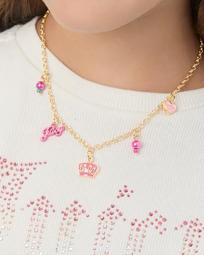 Juicy Couture Charm and Beaded Necklace for Girls – Adjustable 15-Inch Gold-Tone Chain with Logo and Heart Pendants