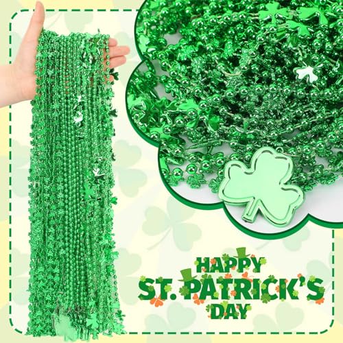 JULBEAR 30-Pack St. Patrick's Day Necklaces – 3 Styles of Green Shamrock Beaded Necklaces for Parties and Irish Holiday Decor
