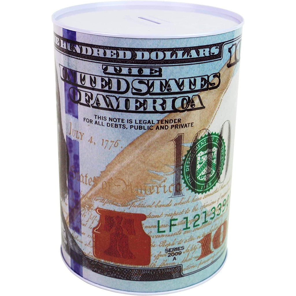 Julysgift $100 Dollar Bill Piggy Bank – Unopenable Metal Coin Bank, 7 1/4" Tall, Benjamin Franklin Tin Can Design