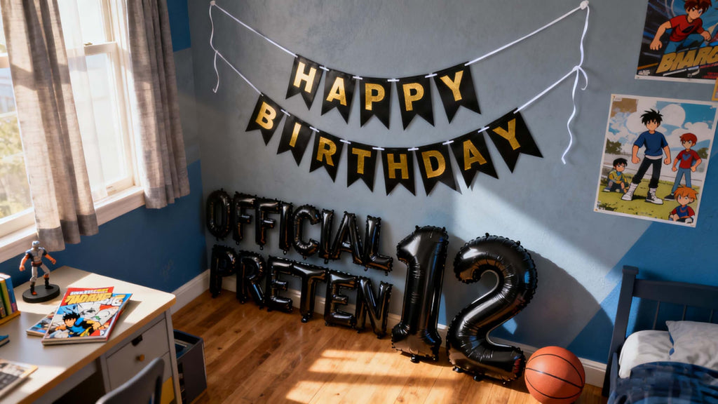 JumDaQQ 12th Birthday Decorations for Boys - Black Foil Balloons & Banner Set
