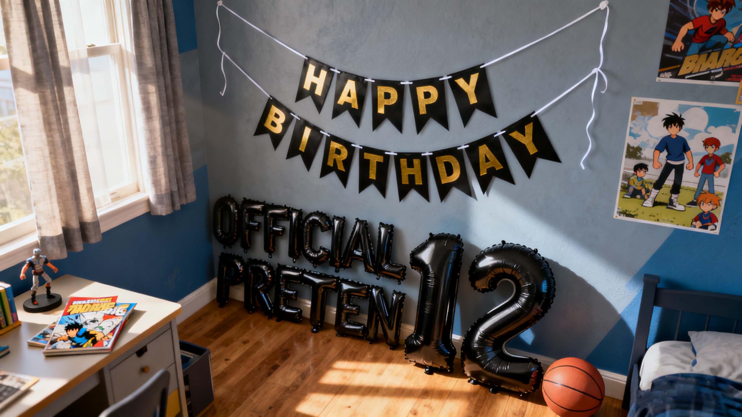 JumDaQQ 12th Birthday Decorations for Boys - Black Foil Balloons & Banner Set