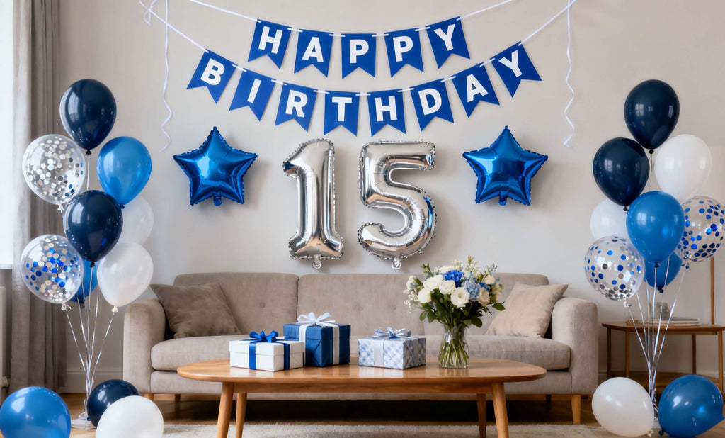 JumDaQQ 15th Birthday Decoration Set for Boys – Blue Banner, Foil Balloons, 31 Pieces