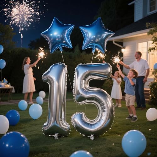 JumDaQQ 15th Birthday Decoration Set for Boys – Blue Banner, Foil Balloons, 31 Pieces