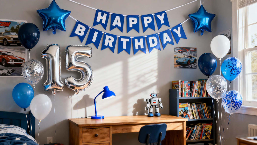 JumDaQQ 15th Birthday Decoration Set for Boys – Blue Banner, Foil Balloons, 31 Pieces
