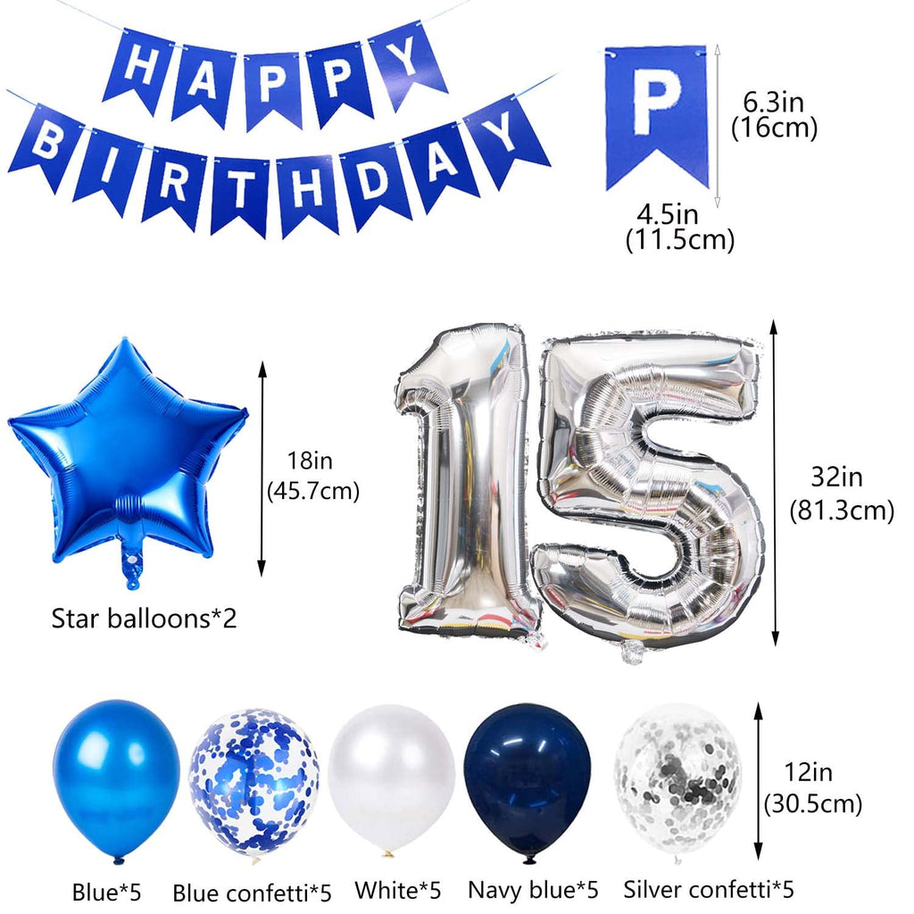 JumDaQQ 15th Birthday Decoration Set for Boys – Blue Banner, Foil Balloons, 31 Pieces