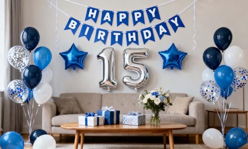 JumDaQQ 15th Birthday Decoration Set for Boys – Blue Banner, Foil Balloons, 31 Pieces