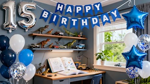 JumDaQQ 15th Birthday Decoration Set for Boys – Blue Banner, Foil Balloons, 31 Pieces