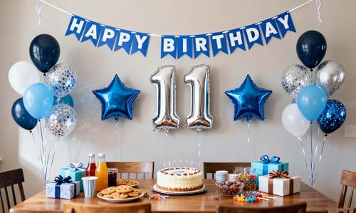 JumDaQQ Blue 11th Birthday Party Decoration Set for Boys – 31 Pieces Including Foil Number 11 Balloon, Banner, and Latex Balloons