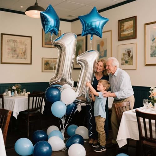 JumDaQQ Blue 11th Birthday Party Decoration Set for Boys – 31 Pieces Including Foil Number 11 Balloon, Banner, and Latex Balloons