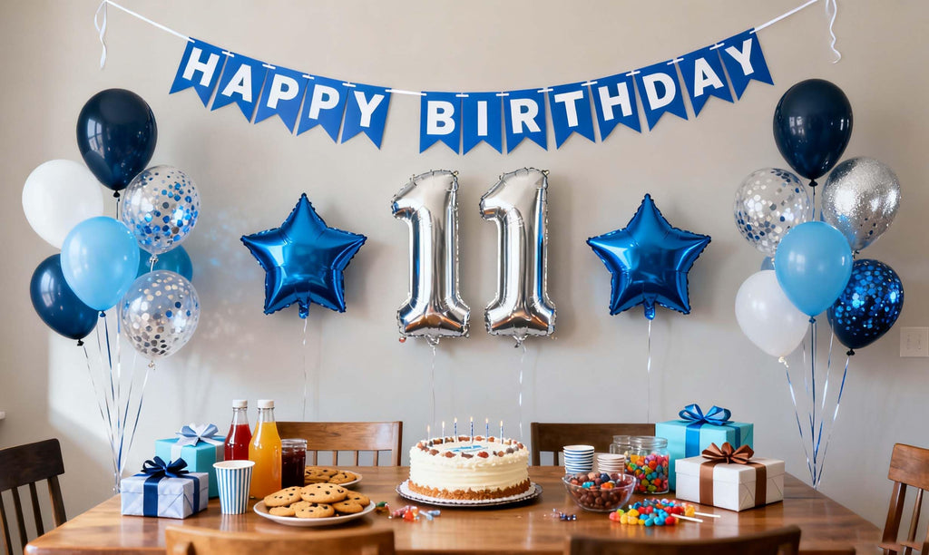 JumDaQQ Blue 11th Birthday Party Decoration Set for Boys – 31 Pieces Including Foil Number 11 Balloon, Banner, and Latex Balloons