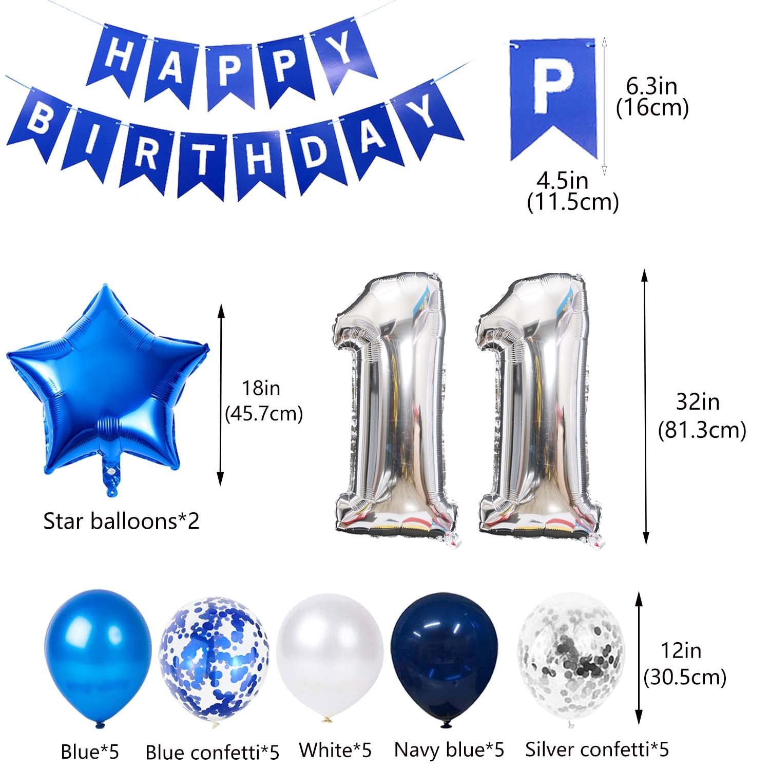 JumDaQQ Blue 11th Birthday Party Decoration Set for Boys – 31 Pieces Including Foil Number 11 Balloon, Banner, and Latex Balloons
